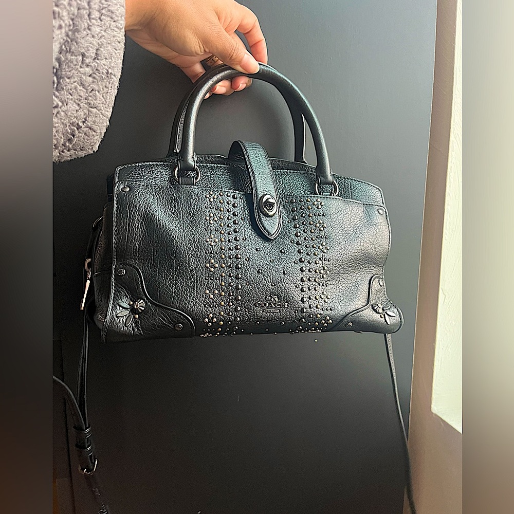Coach Mercer Satchel 24 With Bandana Rivets Dark Gunmetal Black